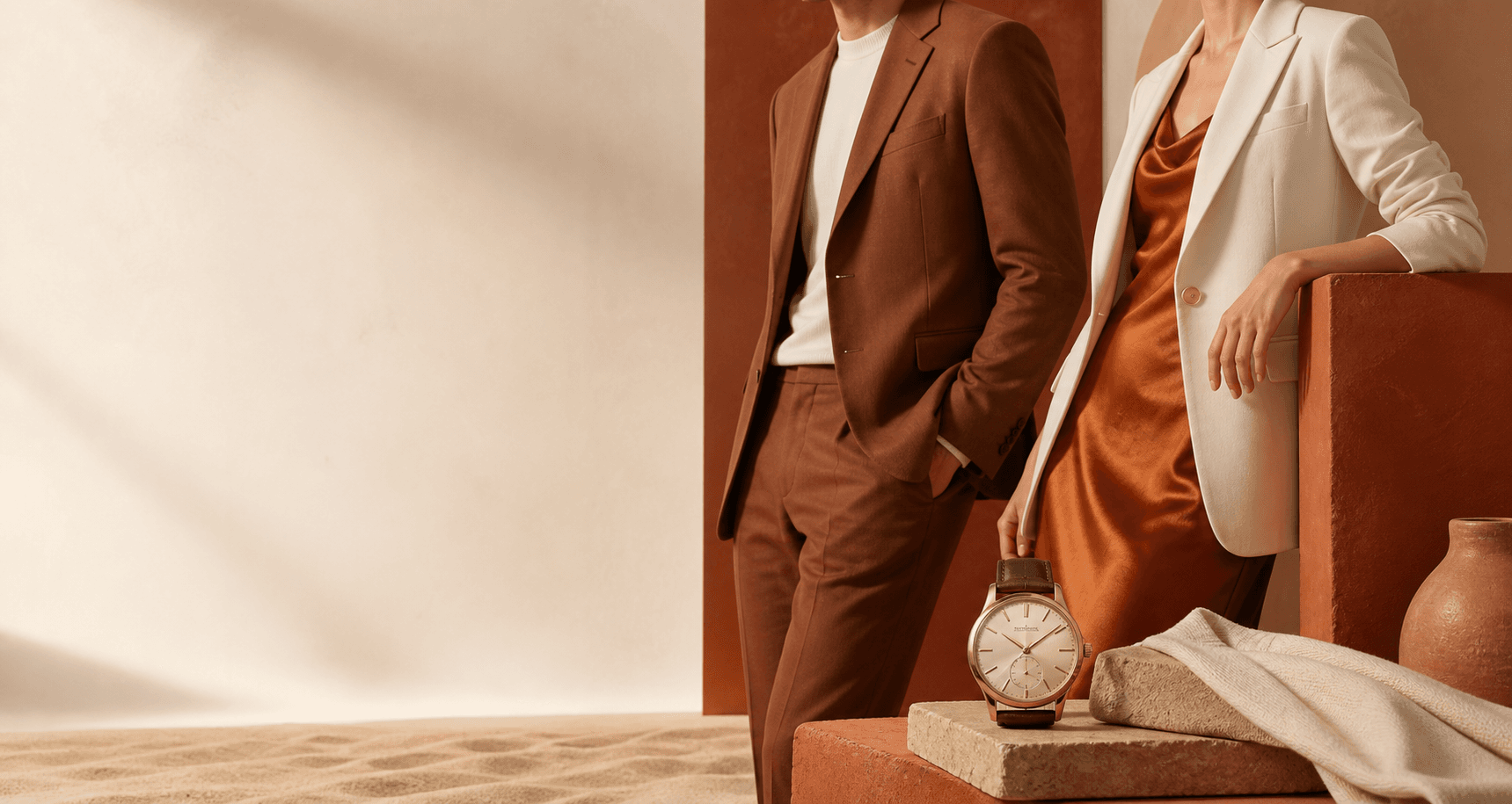ADDMPS premium tailored burnt orange and ivory fashion suit and watch collection