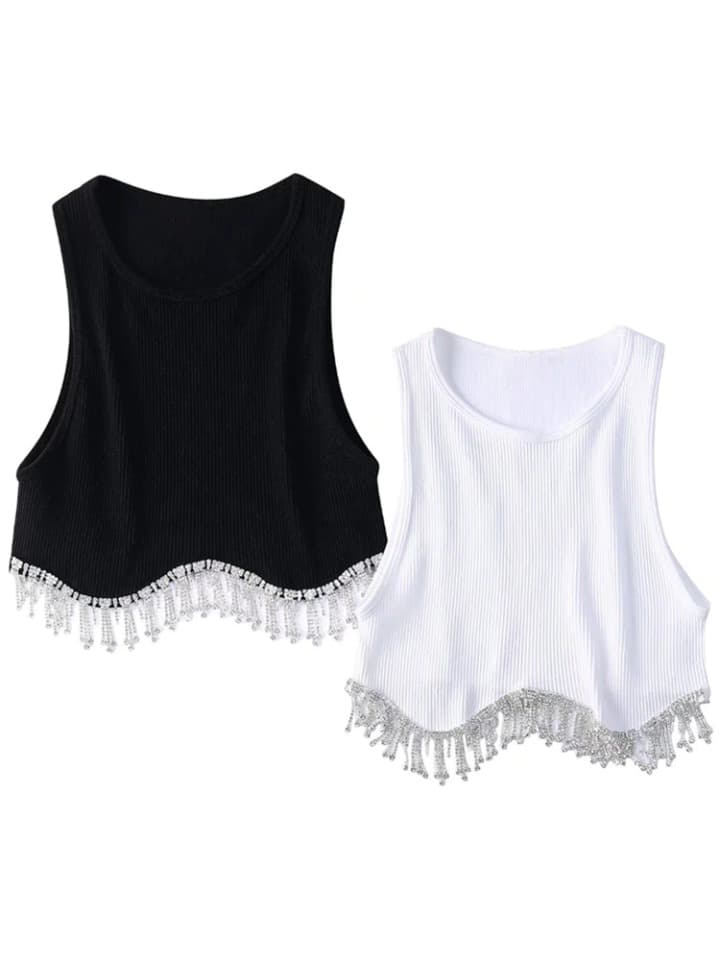 New Women High Street Sexy Hem Tassel Diamond Beading Knitting T Shirt Chic Short Camis Tank Lady Slim Crop Vest Tops LS1311