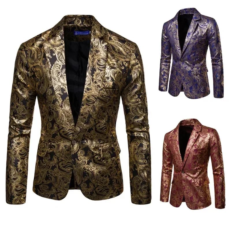 New Men Golden Floral Blazers Business Casual Wedding Dress Gold Coat