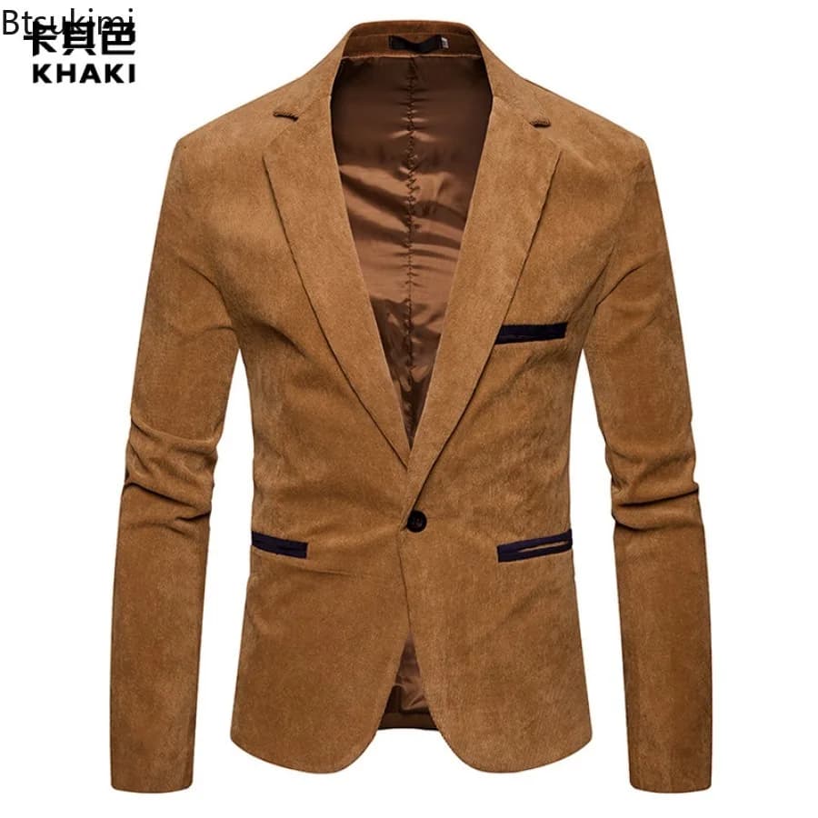 New Men Leisure Corduroy Blazers Patchwork Single Button Casual Slim