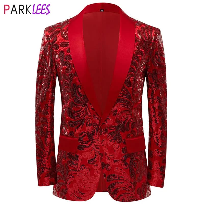 New Men Shiny Sequins Blazer Floral One Button