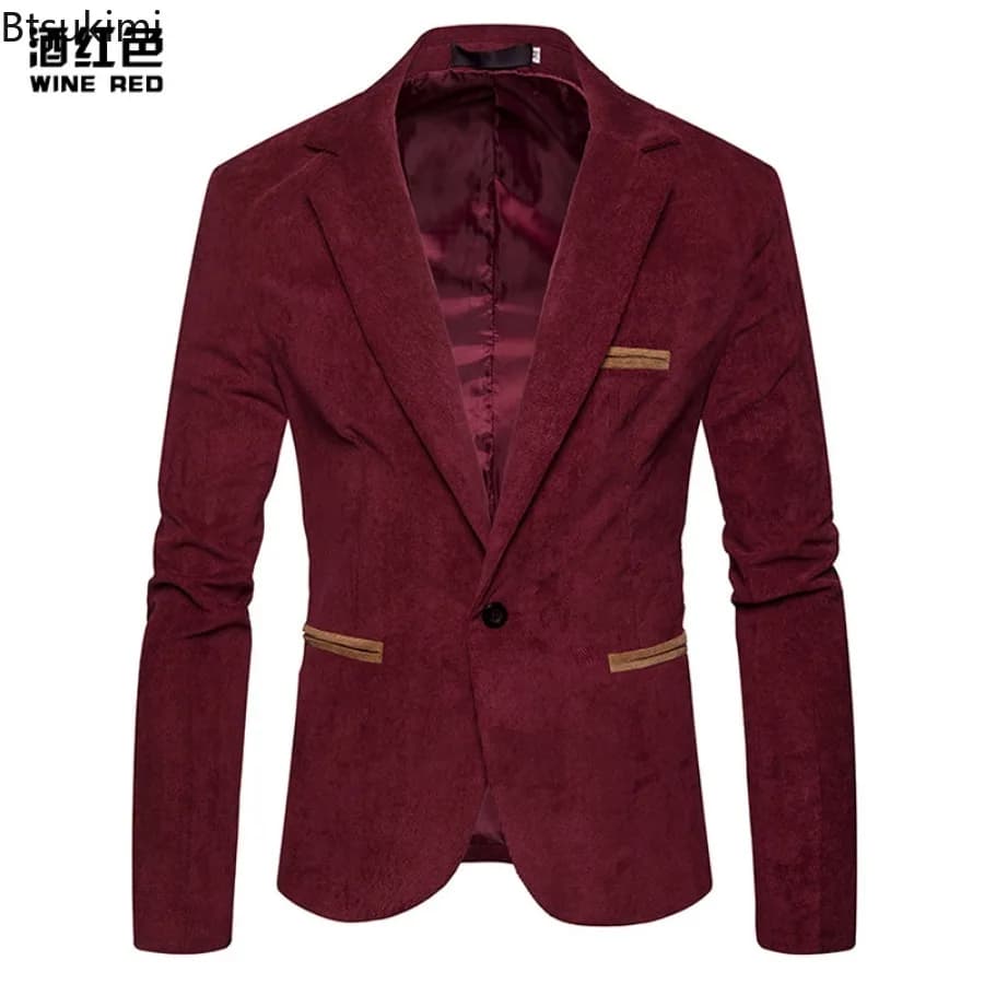 New Men Leisure Corduroy Blazers Patchwork Single Button Casual Slim
