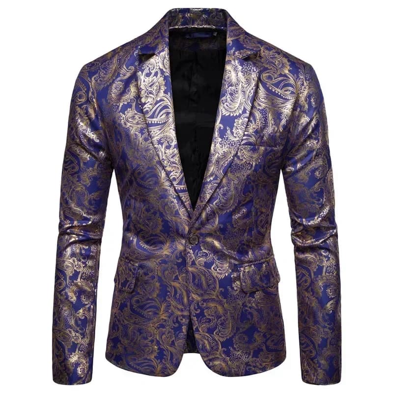 New Men Golden Floral Blazers Business Casual Wedding Dress Gold Coat