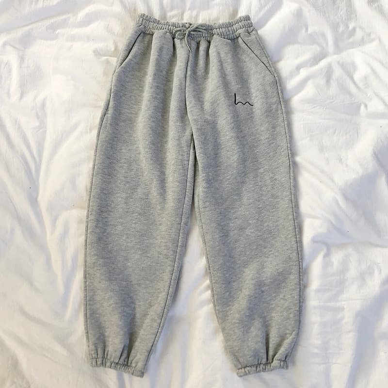 Winter Women Harem Pants Stripes Embroidery Gray Black Fleece Pants Bottom