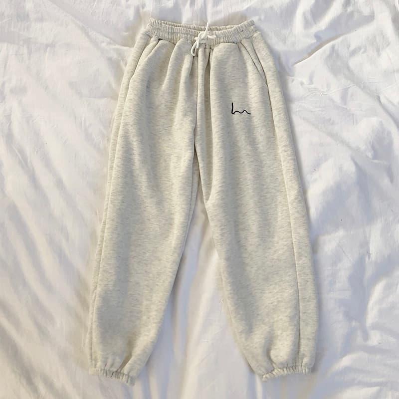 Winter Women Harem Pants Stripes Embroidery Gray Black Fleece Pants Bottom
