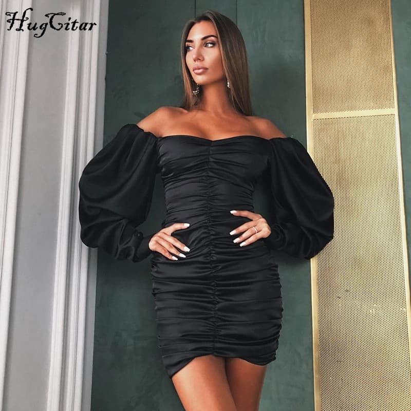 Long Puff Sleeve Slash Neck Satin Pleated Sexy Mini Dress Autumn Winter Women Solid Party Elegant Streetwear Outfit