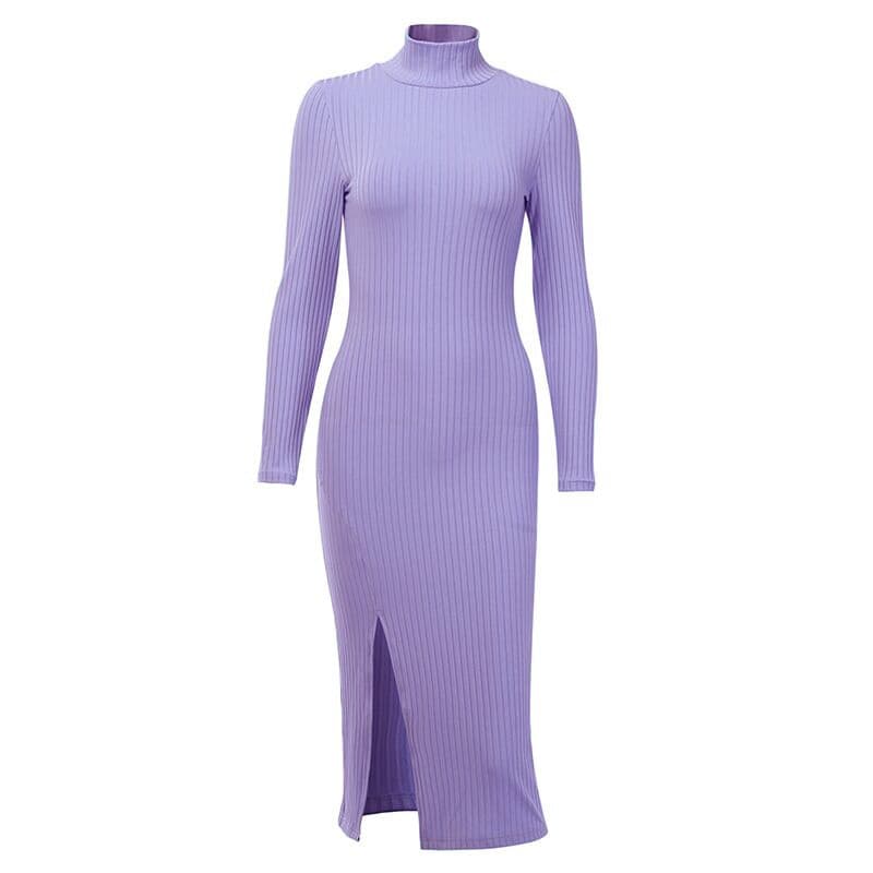 Sexy Knee Length Party Dresses Cotton Ribbed Knitted Turtleneck Solid Split Long Sleeve Autumn Mock Neck Elegant Dress