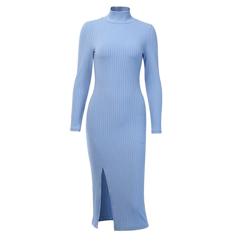 Sexy Knee Length Party Dresses Cotton Ribbed Knitted Turtleneck Solid Split Long Sleeve Autumn Mock Neck Elegant Dress