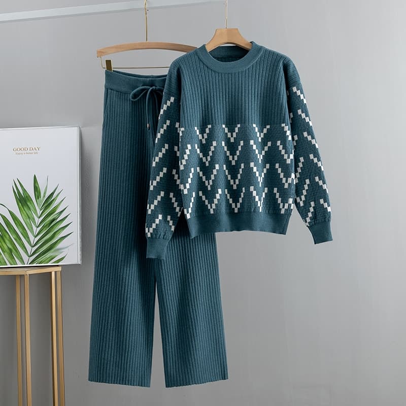 Women Sweater Tracksuit Two Piece Knitted Sets Jacquard Tracksuit Chic Pullover Crewneck Long Sleeve Top Wide Leg Pants 2020