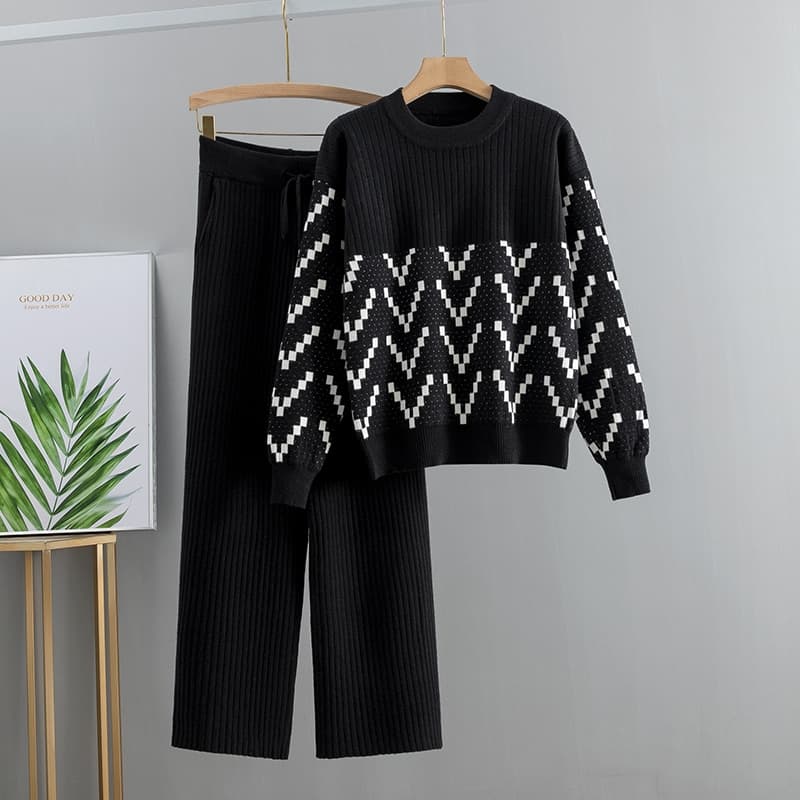 Women Sweater Tracksuit Two Piece Knitted Sets Jacquard Tracksuit Chic Pullover Crewneck Long Sleeve Top Wide Leg Pants 2020