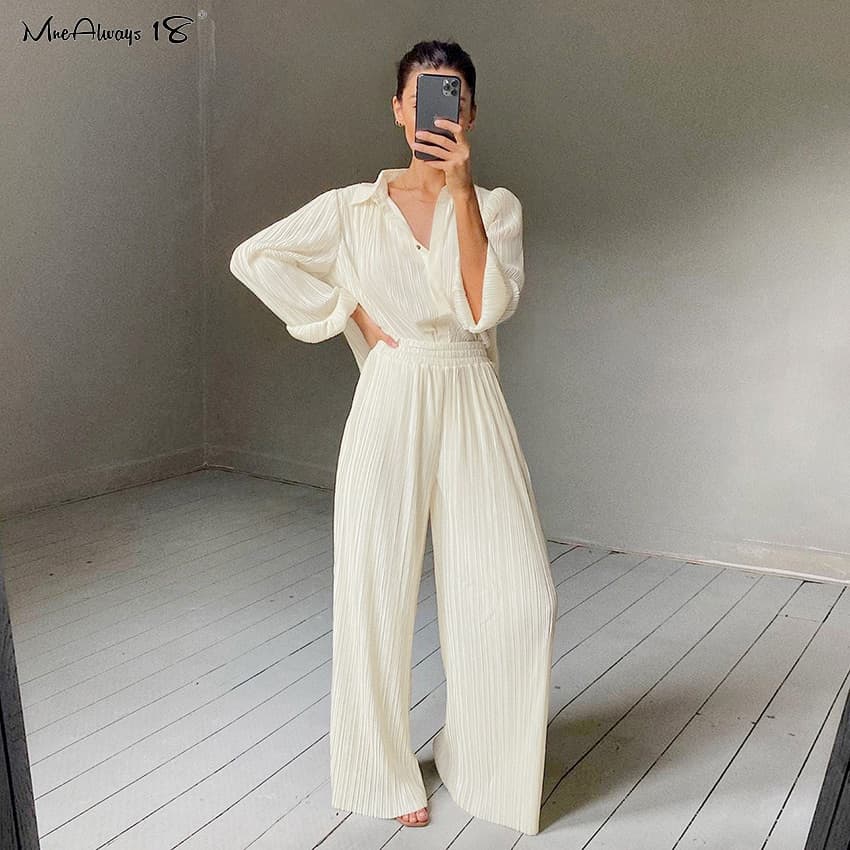 Beige Pleated Wide Leg Pants