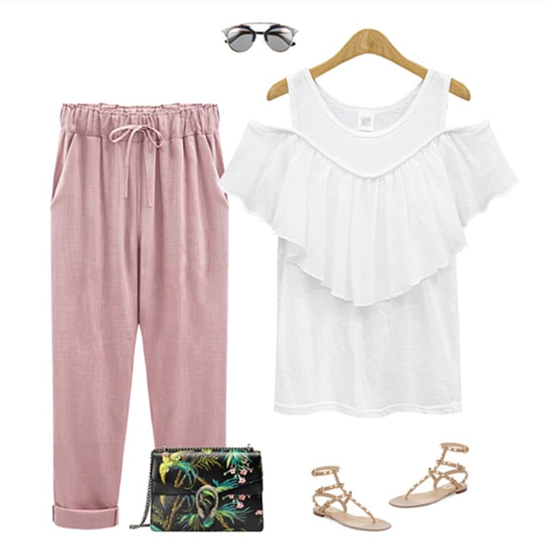 Cotton Linen Pants Elastic high Waist Ankle Length Casual Women Loose spring pants