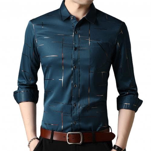 Men Slim Fit Dress Shirt Long Sleeve Turn Down Collar Stripes Single-breasted Polo Business Shirt Top