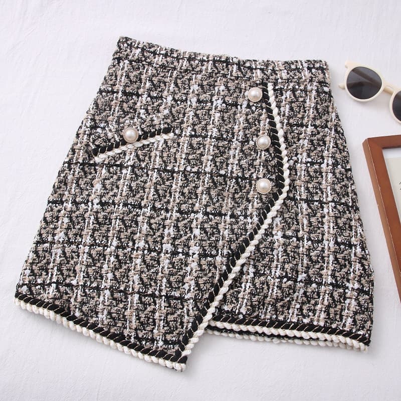 Tweed Skirts for Women Solid High Waist Slimming Skirts Autumn Spring Buttons Double Breasted Tweed Wool Mini Skirt