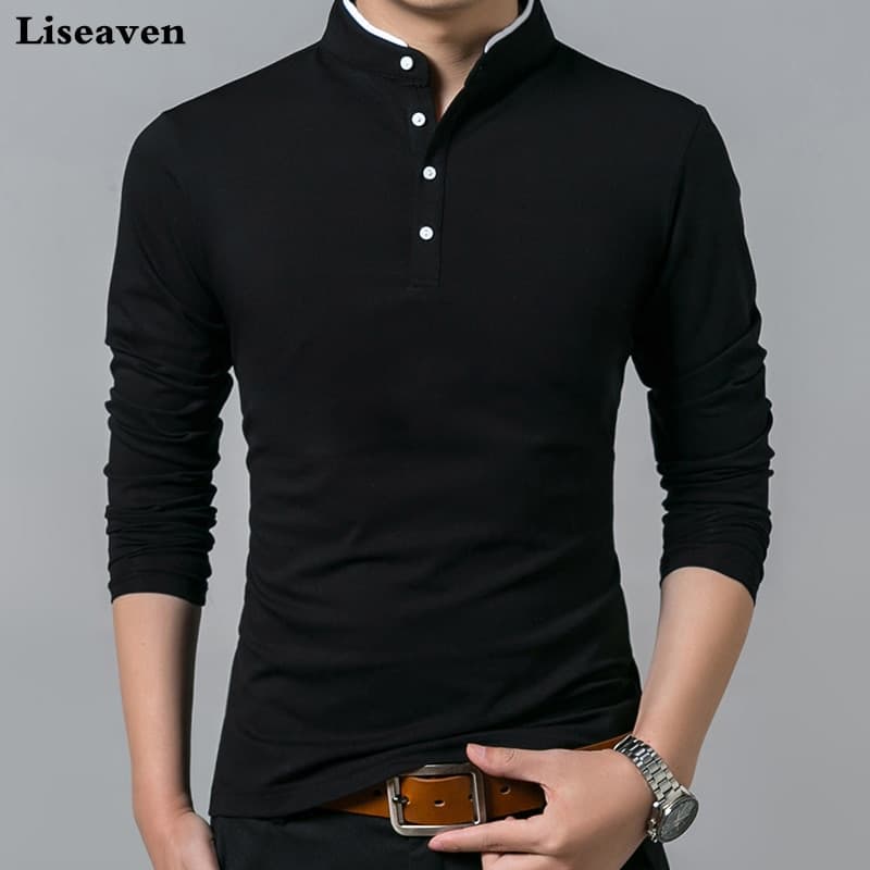Men Cotton Mandarin Collar T Shirt