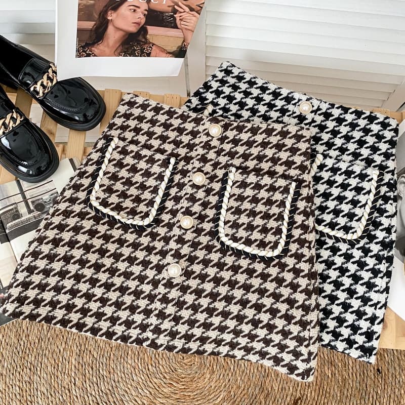 Tweed Skirts for Women Solid High Waist Slimming Skirts Autumn Spring Buttons Double Breasted Tweed Wool Mini Skirt