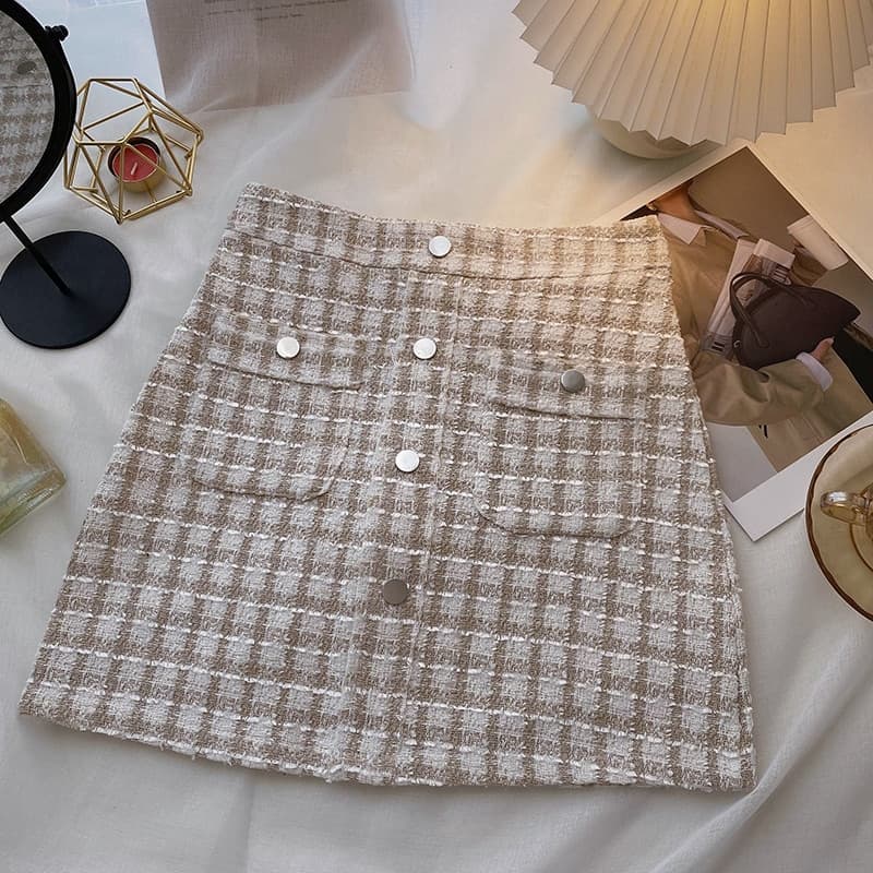 Tweed Skirts for Women Solid High Waist Slimming Skirts Autumn Spring Buttons Double Breasted Tweed Wool Mini Skirt