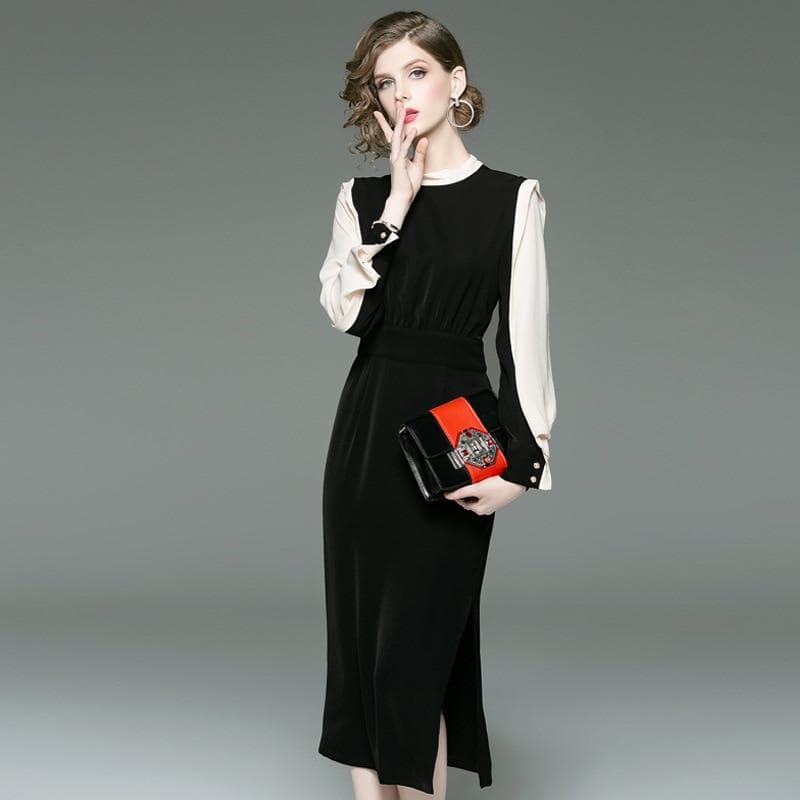 New Women Autumn Classic Slim Dress Contrast Colour Round Neck Long Sleeve OL Commuter Long Dresses Step Female