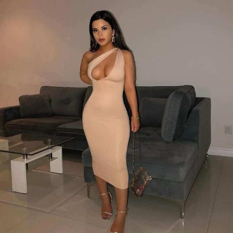 New Women One Shoulder Midi Party Dresses Bodycon Sheath for Women Summer Sleeveless Outfits Sexy Hollow Out Dress Female Vestidos