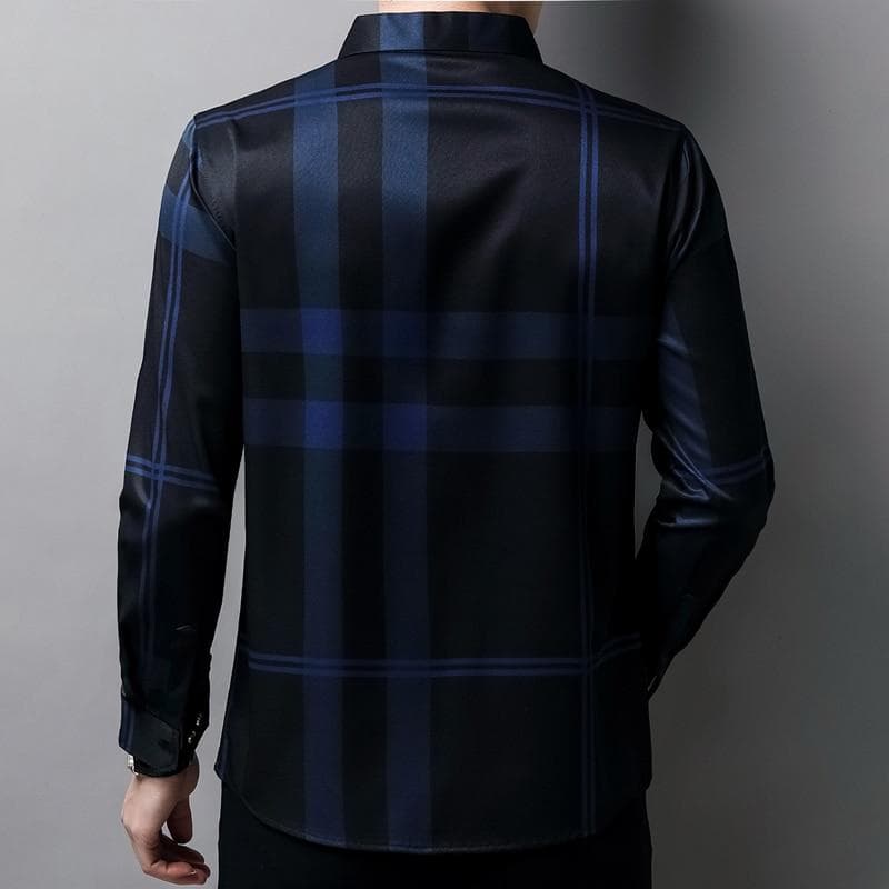 New High Quality Men Slim Fit Silk Dress Shirt Spring Long Sleeve Casual Plaid Shirts
