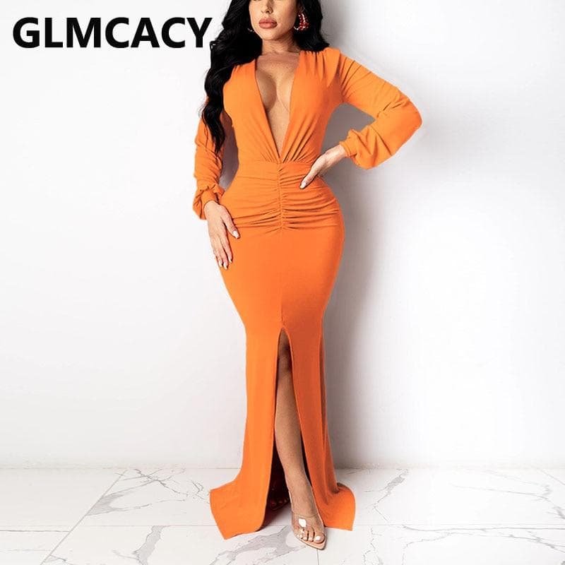 New Women Long Sleeve Plunge Neck Maxi Dress Formal Elegant Slit Evening Mermaid Dresses