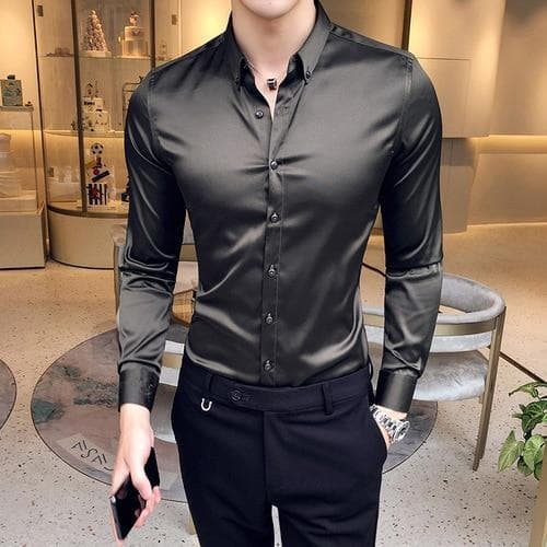 Neckline Embroidery Men Dress Shirt Long Sleeve Casual Slim Fit Men Dress Shirts Solid Color Formal Business Social Clothing Blouse