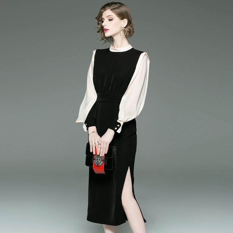 New Women Autumn Classic Slim Dress Contrast Colour Round Neck Long Sleeve OL Commuter Long Dresses Step Female
