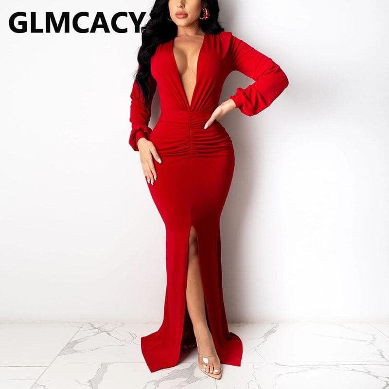 Women Long Sleeve Plunge Neck Maxi Dress