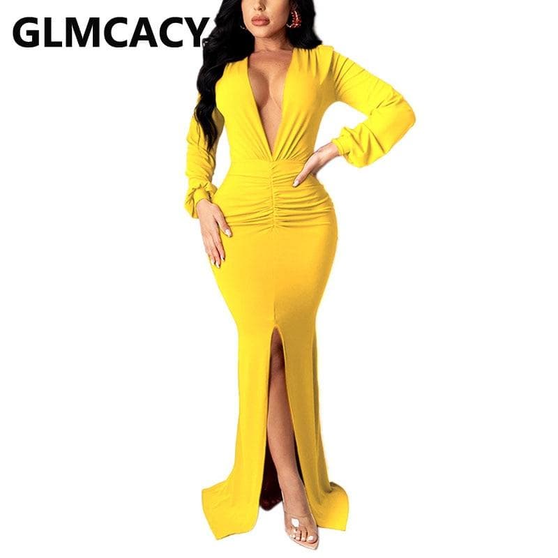 New Women Long Sleeve Plunge Neck Maxi Dress Formal Elegant Slit Evening Mermaid Dresses