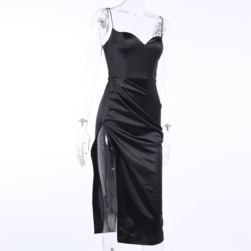 New Women Sexy Satin Spaghetti Dress Straps Low Cut Long Dress Women Summer Ruched Side High Split Maxi Dress Elegant Party Club