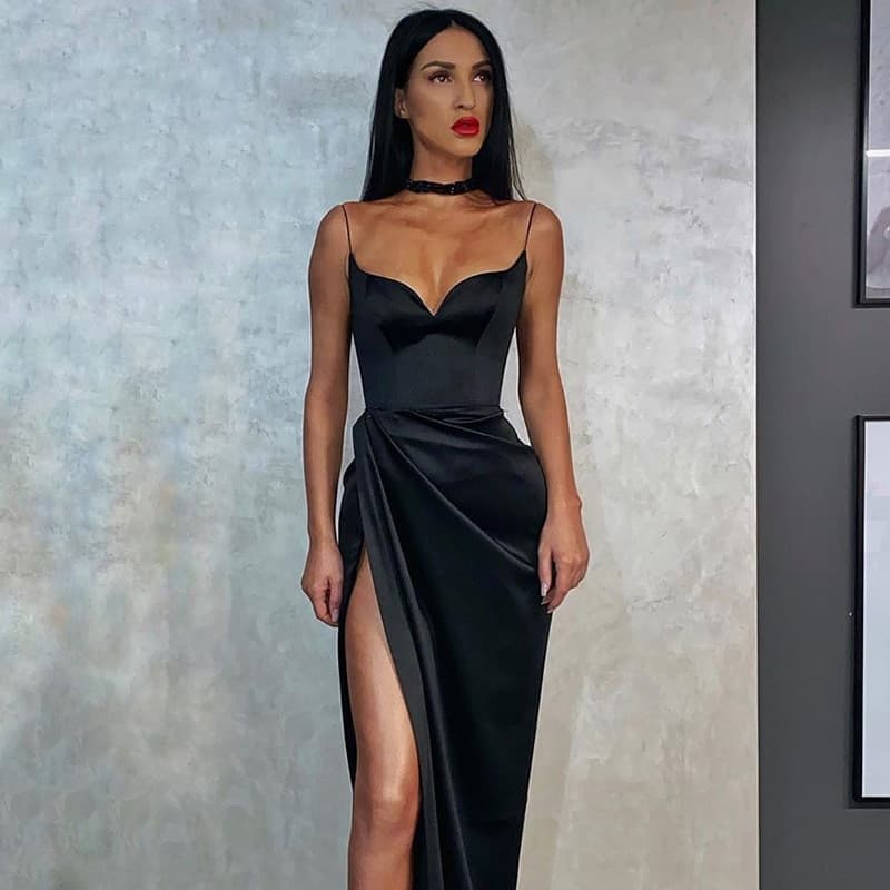New Women Sexy Satin Spaghetti Dress Straps Low Cut Long Dress Women Summer Ruched Side High Split Maxi Dress Elegant Party Club