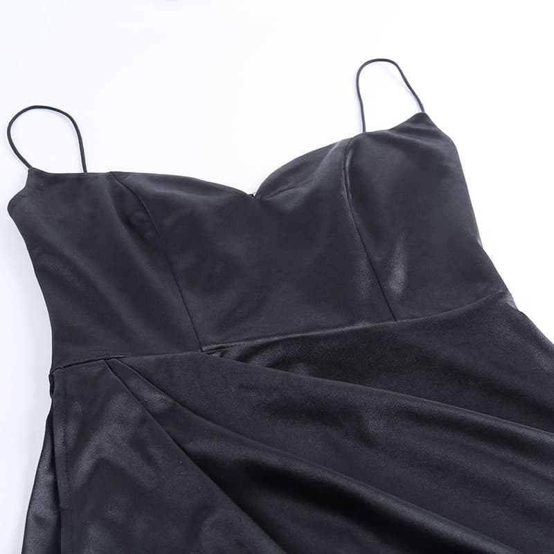 New Women Sexy Satin Spaghetti Dress Straps Low Cut Long Dress Women Summer Ruched Side High Split Maxi Dress Elegant Party Club