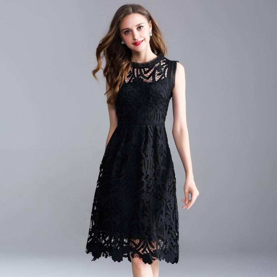 New Women Openwork Embroidery Dress Lace A Word Summer European And American Large Size Women Solid Colour Sleeveless