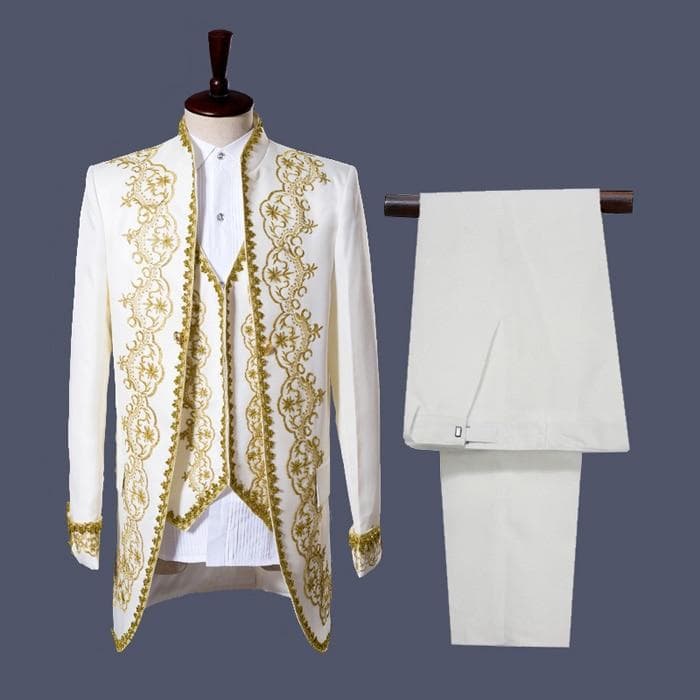 Men England Style Tuxedo Dress Suit Classic White Palace Blazer Men Longline Prom Stage Party Singer 3 Piece Dress Suits