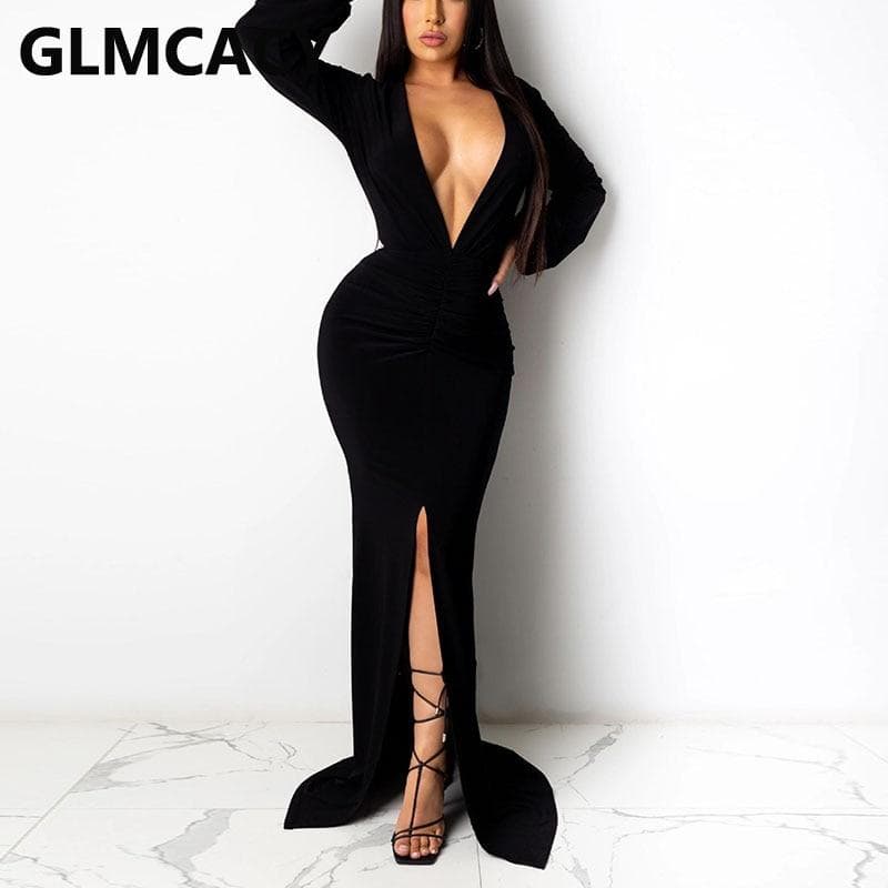 New Women Long Sleeve Plunge Neck Maxi Dress Formal Elegant Slit Evening Mermaid Dresses