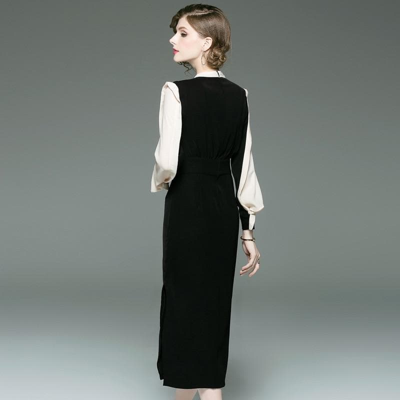New Women Autumn Classic Slim Dress Contrast Colour Round Neck Long Sleeve OL Commuter Long Dresses Step Female