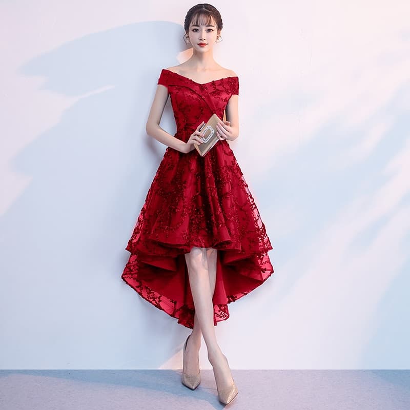 New Women Boat Neck Off Shoulder Dress Sexy  Heavy Beaded Evening Dress Fashion Short Front Long Back Criss Cross Formal Dress