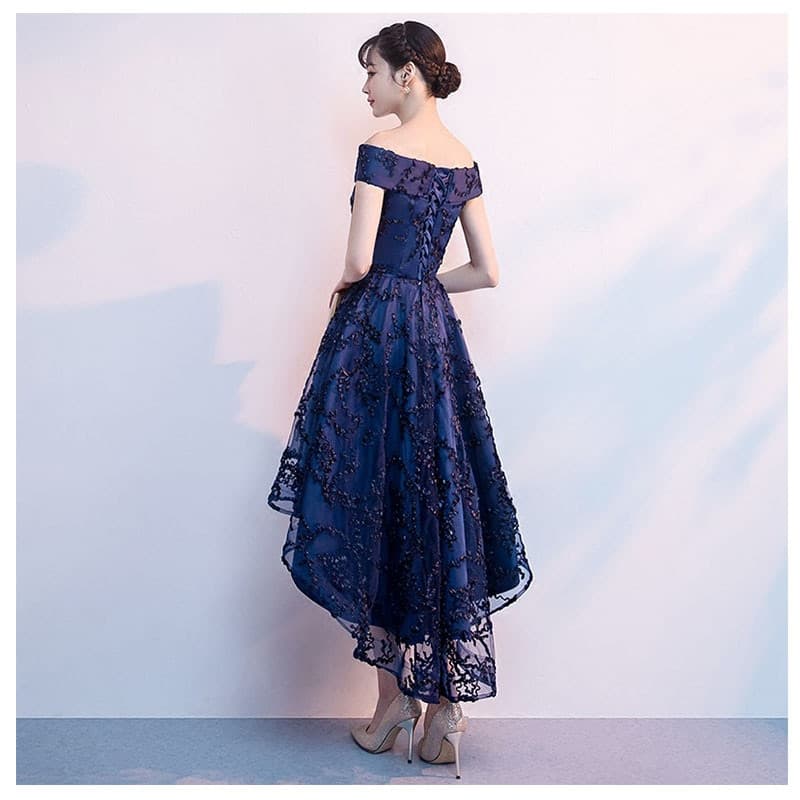 New Women Boat Neck Off Shoulder Dress Sexy  Heavy Beaded Evening Dress Fashion Short Front Long Back Criss Cross Formal Dress