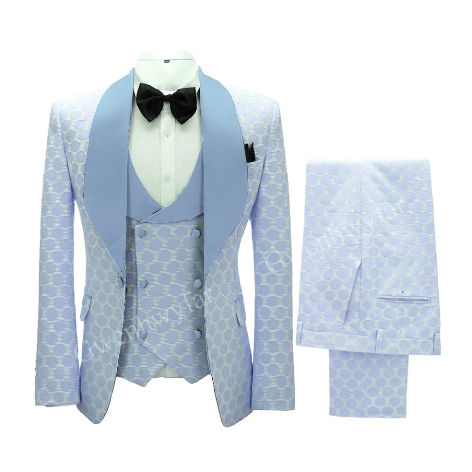 New Polka Dot Dress Suit for Men Custom Made Shawl Lapel Blazer Vest with Pants Fashion Wedding Tuxedos Groomsmen Wear