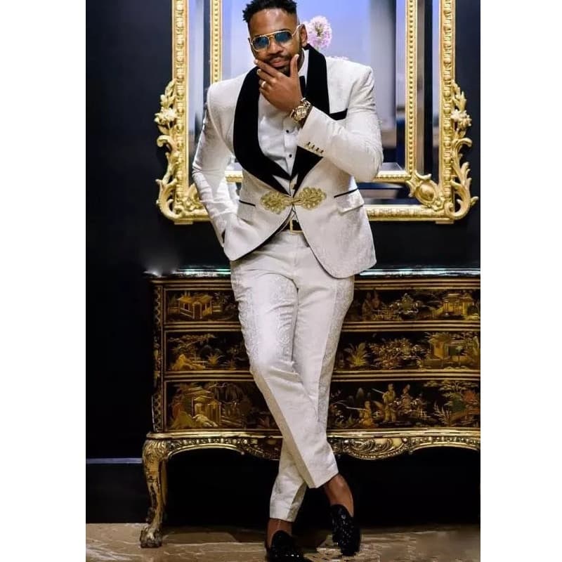 New Floral Pattern Groom Tuxedo for Wedding Dinner Slim Fit Men Suits with Black Velvet Lapel 3 Pieces African Fashion Costume