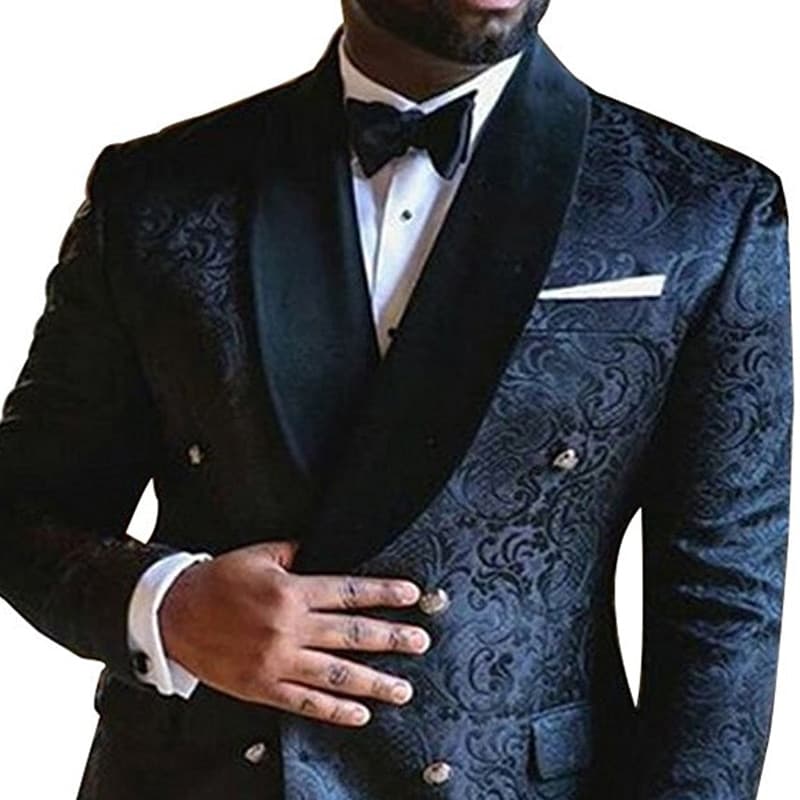 New Floral Jacquard Men Suits Slim Fit with Double Breasted Wedding Tuxedo for Groomsmen Black Shawl Lapel Male Fashion Set Costume