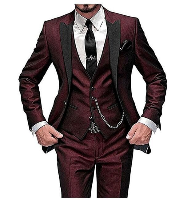 New Men Slim Fit Dress Suit 3 Pieces Burgundy Tuxedo Gentle-Mens Wedding Suits Notch lapel Groom Tuxedo Terno Jacket ants Vest
