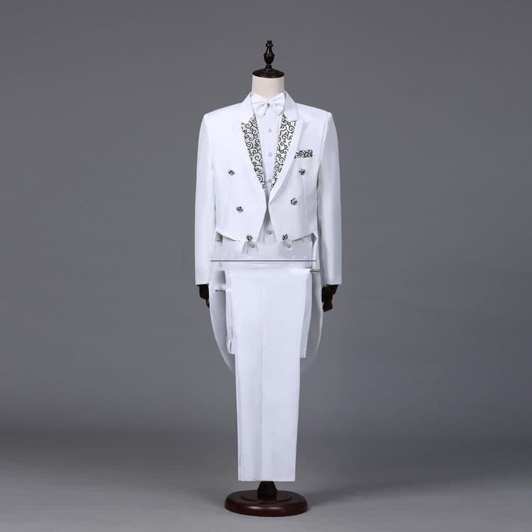 New Men Prom Tuxedo Suit White Black Red Jacquard Lapel Tail Coat Stage Singer Costume Homme Wedding Groom Prom Tuxedo Suits Men Suit Jacket Pants