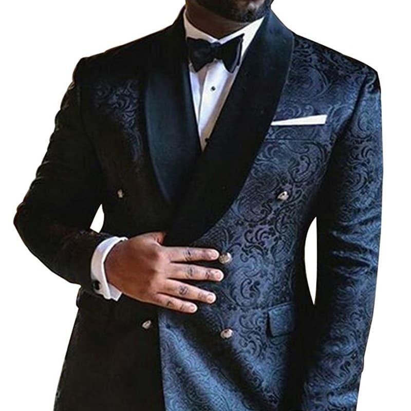 New Floral Jacquard Men Suits Slim Fit with Double Breasted Wedding Tuxedo for Groomsmen Black Shawl Lapel Male Fashion Set Costume