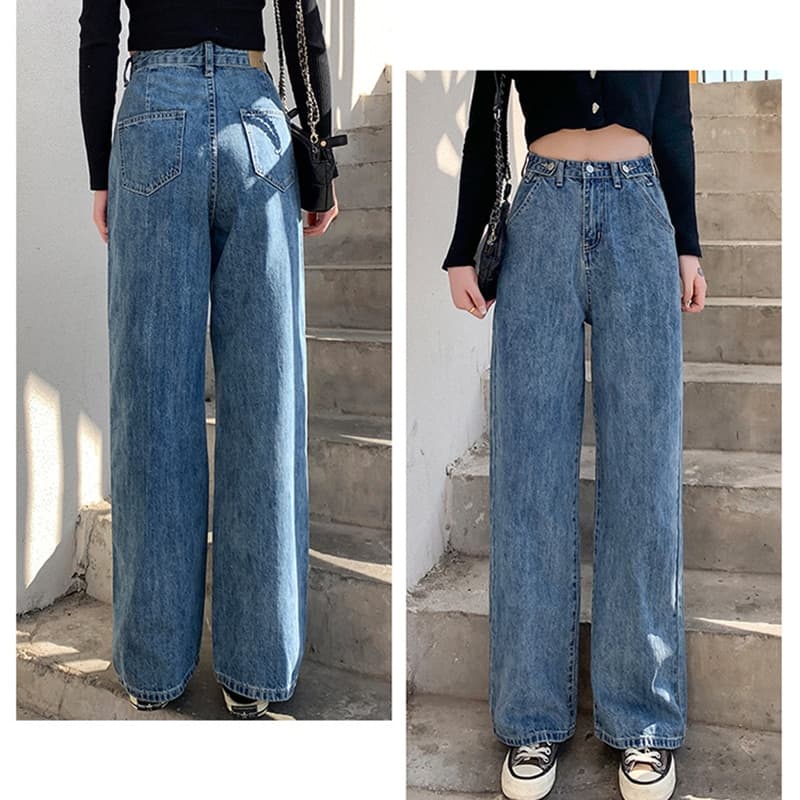 New Women Jeans Street High Waist Pants Light Color Cotton Korean Fashion Loose Jeans Metal Buckle Wide Leg Y2k Female Jeans