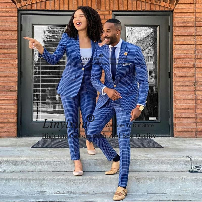 Men Blue Plaid Slim Fit Suit