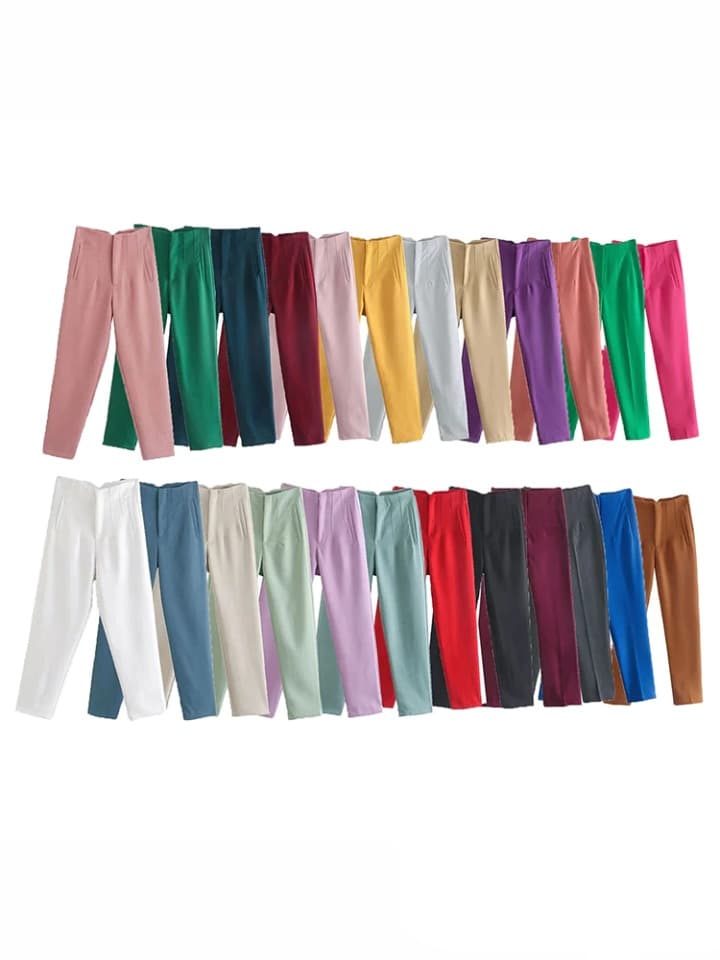 New Women Office Wear Straight Pants Light Blue Chic Fashion Vintage High Waist Zipper Fly Female Trousers Fashion