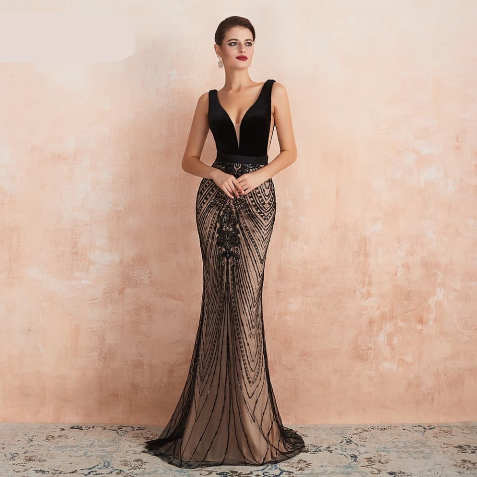 Women Evening Dress Plunging Backless Black and Champagne Long Prom Formal Gown robe de soiree