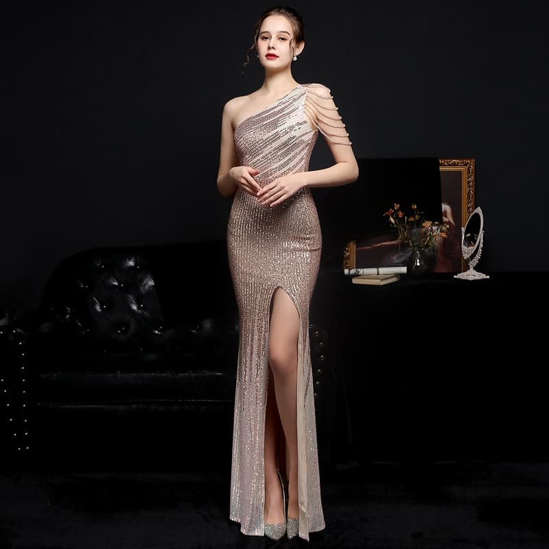 Elegant One Shoulder Slit Gold Sequin Evening Dress Women Beads Party Maxi Dress 18572