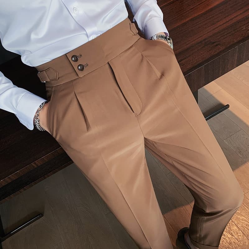 New Men British Style Autumn New Solid High Waist Trousers Men Formal Pants High Quality Slim Fit Business Casual Suit Pants Hommes